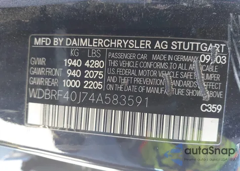 2004 Mercedes-Benz C 230 Kompressor Sport/Sport from USA, damaged, VIN WDBRF40J74A583591